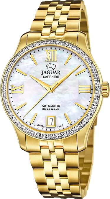 JAGUAR Swiss Made Women's Automatic Watch 316L Stainless Steel Gold Women's Watches Sapphire Crystal Water Resistant 5 ATM Calendar J999/1 with Additional Gift Strap