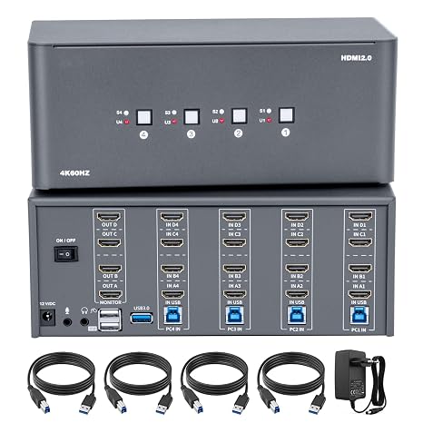 KVM Switch, HDMI 4k@60Hz KVM Switch with 4 USB 3.0 Port and 3.5mm Audio,4 Computers Share One Set of Leyboard, Mouse and Monitors,Supports Windows/Mac/Linux