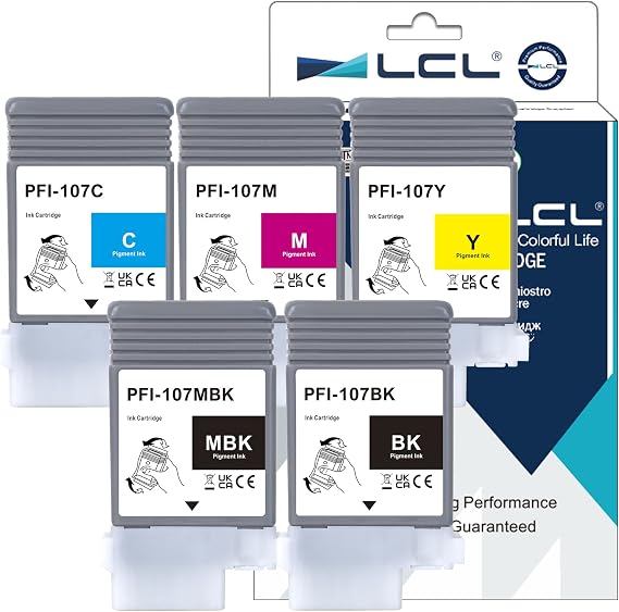PFI-107 PFI107 Ink Cartridge Replacement for Canon PFI-107MBK PFI-107BK PFI-107C PFI-107M PFI-107Y for Canon ImagePROGRAF iPF670 iPF680 iPF685 iPF770 iPF780 iPF785 Printers (5-Pack, 130ml)