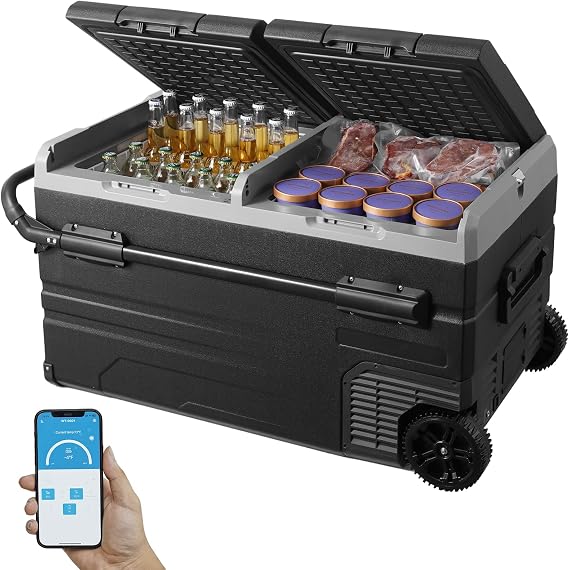 VEVOR Car Refrigerator, 12 Volt Car Refrigerator Fridge, 121.4QT Dual Zone Portable Freezer with Wheels and Handle,4F-68F, 12/24V DC and 100-240V AC Compressor Cooler for Outdoor, Camping