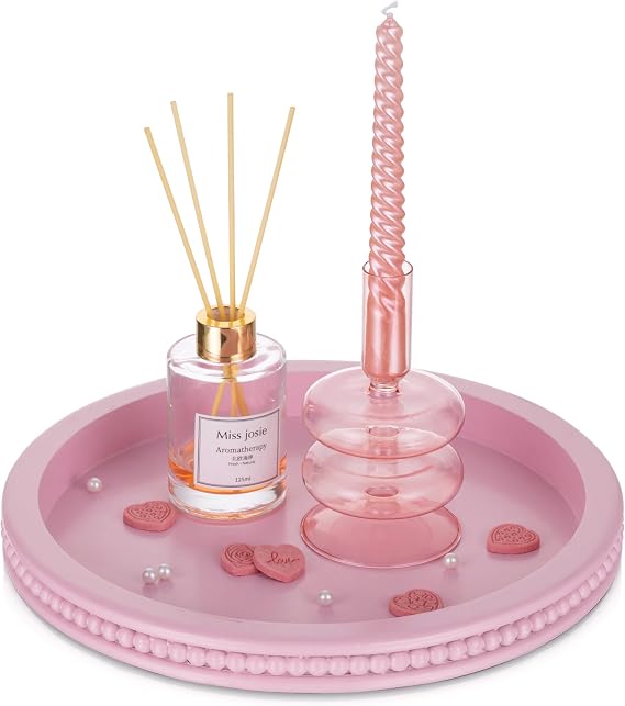 Hanobe Pink Round Decorative Tray with Beaded Edge