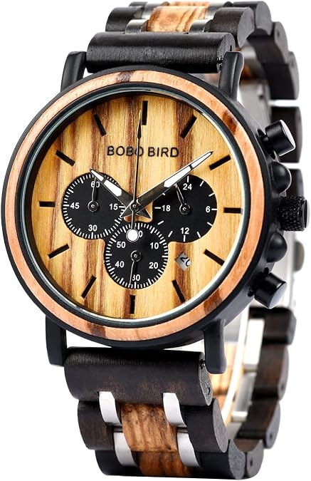 BOBO BIRD Mens Wooden Watches Business Casual Wristwatches Stylish Ebony Wood & Stainless Steel Combined Chronograph