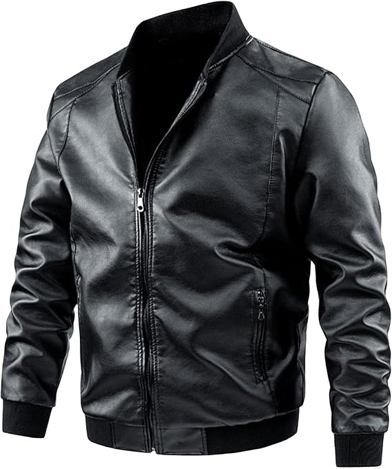 Men's Spring Fall Motorcycle Leather Jacket Zip-Up Casual Cargo Moto Biker Coat Outdoor Windproof Bomber Outwear