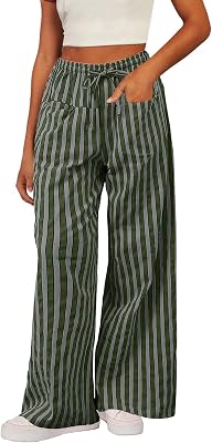 Acelitt Women Casual Drawstring Elastic Waist Loose Wide Leg Striped Pants with Pockets, S-XXL