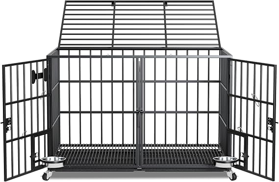 42" Heavy Duty Dog Cage Metal Kennel for XL Large Dog/2 Dogs,Escape Proof Dog Crate Indoor with Wheels,Divider and All Metal Open Top,Feeding 2 Bowls,Floor Grid,Tray(Black)