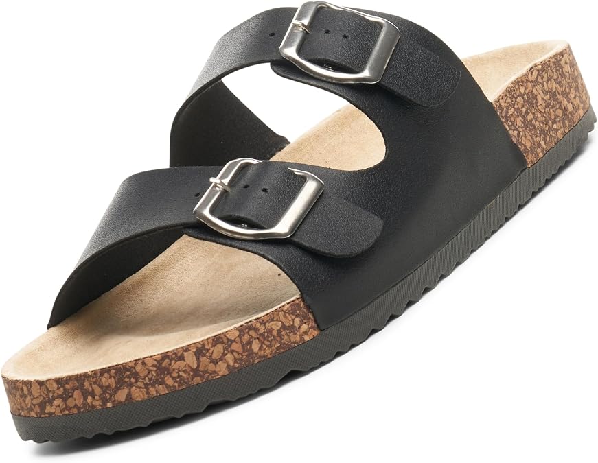 Alpine Swiss Womens Double Strap Contour Sandals | Adjustable Buckle Slides | Vegan Leather Footbed Sandals | Ergonomic Cork-Inspired Sole | Casual Summer Footwear Slip On Slides with Buckles