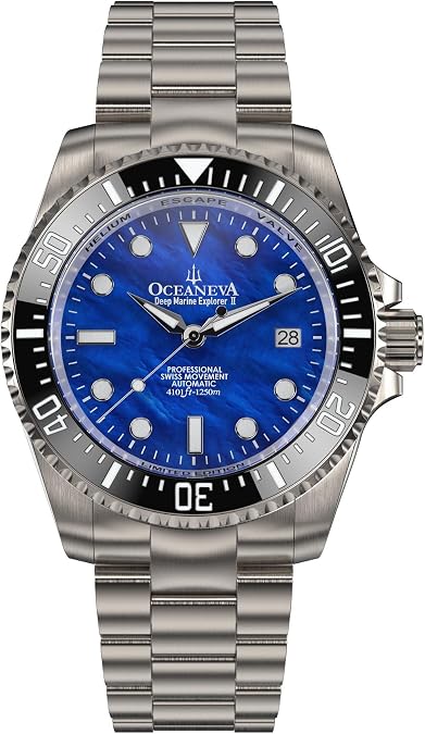 OceanevaTM Men's Deep Marine Explorer II 1250M Titanium Watch Blue Mother of Pearl Diver Watch - 42 mm Screw Down Case Back - 1250M Water Resistance - Gold Plated Swiss Made Automatic Movement Watches