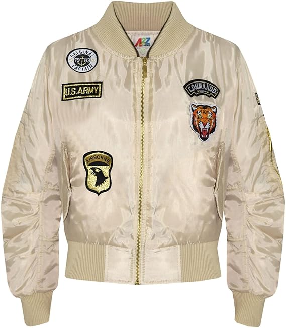 Kids Jacket Girls Boys Badges Print Bomber Padded Zip Up Biker Jacktes MA 1 Coat