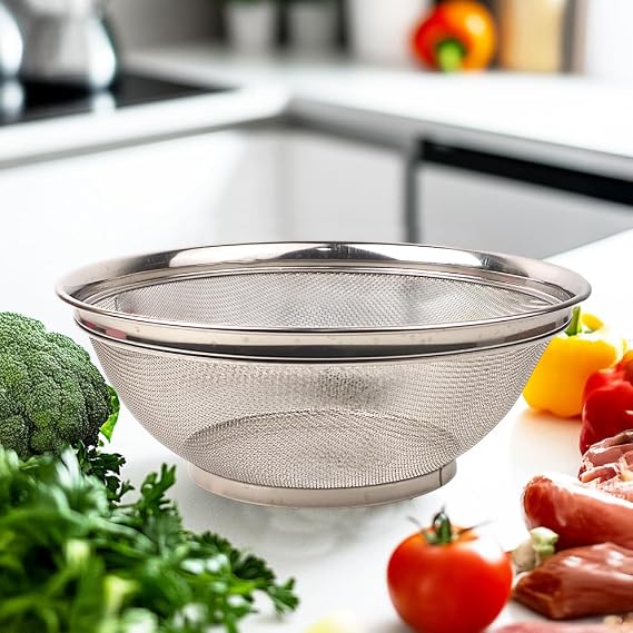 Deconox Paslanmaz Çelik Kulpsuz Süzgeç 28cm, Paslanmaz Çelik Pirinç Süzgeci, Paslamaz Çelik Mutfak Süzgeci, Paslanmaz Çelik Salata 28cm Süzgeci