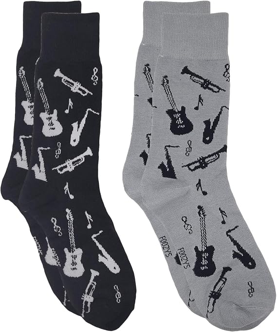 Foozys Mens Crew Socks | Fun Fancy Musical Instruments Themed Fashion Novelty Socks | 2 Pairs Included in Two Colors