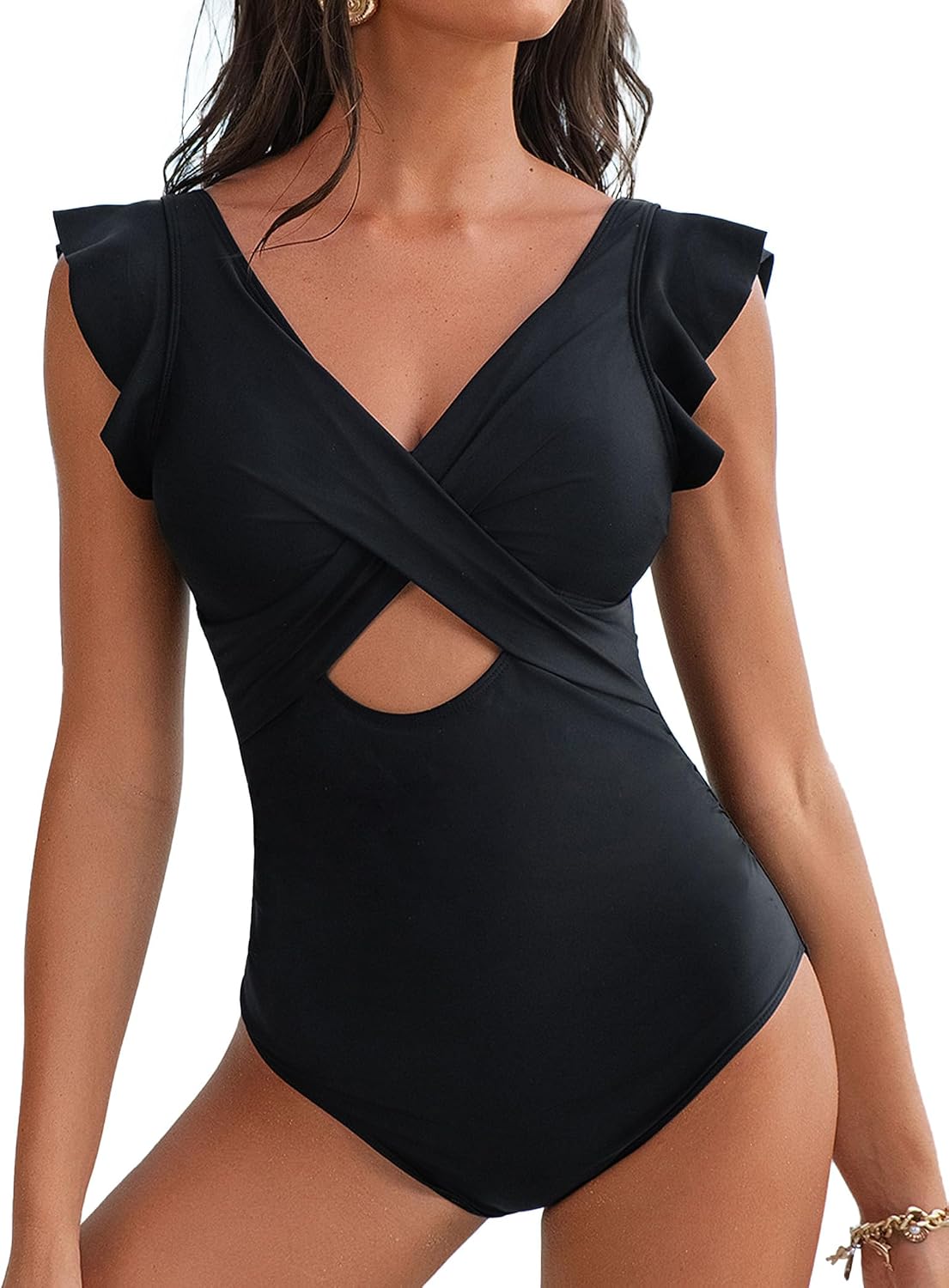 Buauty Womens One Piece Ruffle Sleeve Cutout Swimsuits Tummy Control Bathing Suits for Women 2025