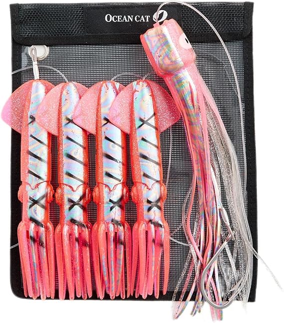 OCEAN CAT Teaser Chain Lures Trolling Lure Saltwater Fishing Lures with Stainless Steel Hook and High Strength Fishing Line Fully Rigged Teasers for Wahoo Tuna Marlin Mahi Mahi