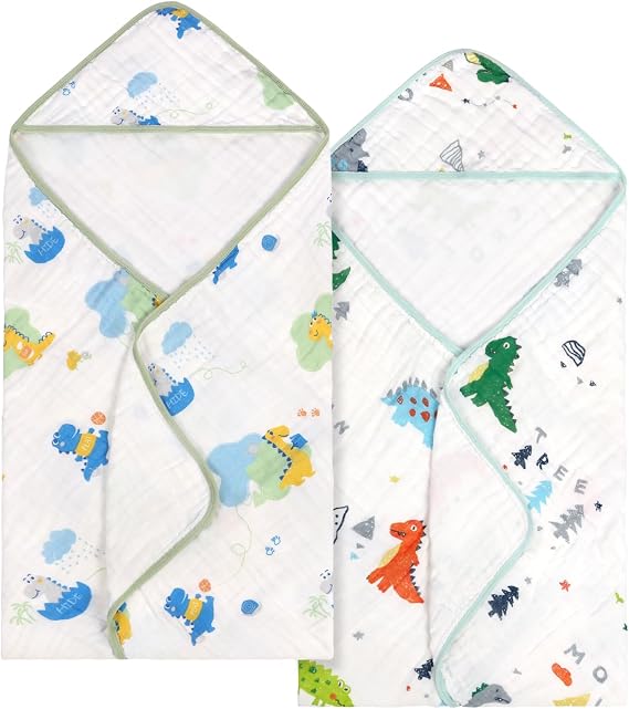 decalsweet Baby Bath Towels 100% Muslin Cotton Hooded Baby Towels 2 Pack Shower Gifts for Newborn, Infant, Toddler, Kids,Super Soft and Absorbent, Large 35x35Inches
