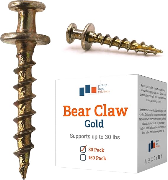 PHS Bear Claw Hanger Screws - 30 Pack Wall Hangers for Pictures - 30 lbs Heavy Duty Picture Hangers for Drywall & Plaster Walls - Gold Picture Hanging Hooks for D-Rings, Sawtooth, Wire and Keyholes