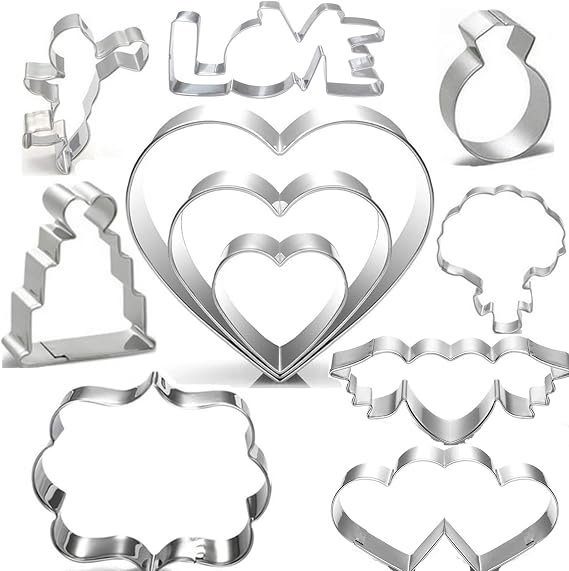 Wedding Cookie Cutter Set -8 Piece - angel,Ring,cake,bouquet,Double hearts,Love,Wing heart,Plaque,heart for Engagement,Valentine,Bridal,Anniversary