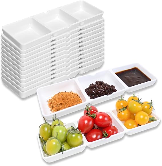 14-Pack Small Plastic Serving Trays - 3-Compartment Dip Bowls & Condiment Tray for Parties, Sauce Sections (8.7" x 2.8" x 1")