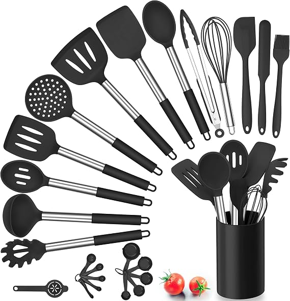 Herogo Kitchen Utensil Set 25 Pieces Silicone Kitchen Utensils with Holder Heat Resistant Cooking Cutlery Set with Stainless Steel Handle Non-Stick Cooking Utensils Kitchen Set Storage Container