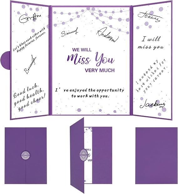 Holkcog Farewell Party Decorations, Purple We Will Miss You Very Much Alternative Signature Guest Book for Men Women, Purple Going Away Gifts Signing Card Board for Retired Graduation Party Supply