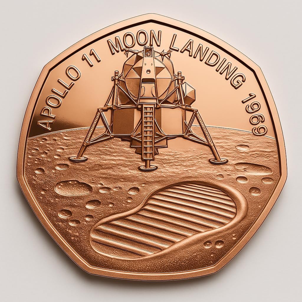 Apollo 11 Moon Landing 1969 Commemorative Rose Gold 50p Coin – Astronaut & Lunar Module Design, Proof Finish, Collector’s Edition in Capsule