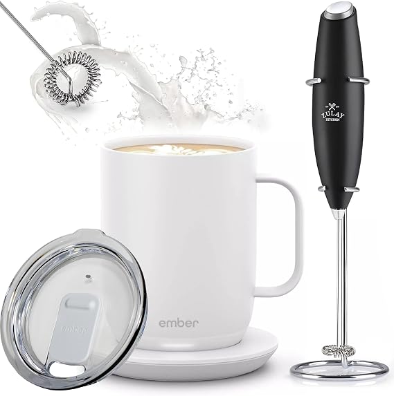 Ember Temperature Control Smart Mug 2, 14 oz with Clear Lid, Zulay Milk Frother and Signature Cloth