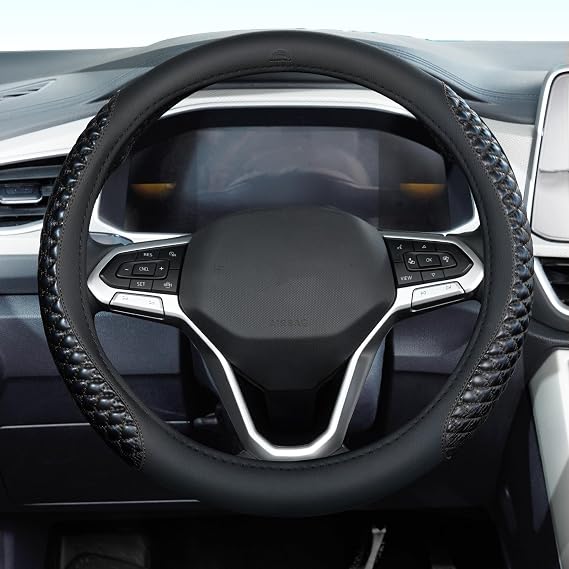Coverado Car Steering Wheel Cover, Nappa Leather Black Steering Wheel Covers, Universal 14-15 inch, Anti-Slip, Breathable Steering Wheel Protector for Women Men