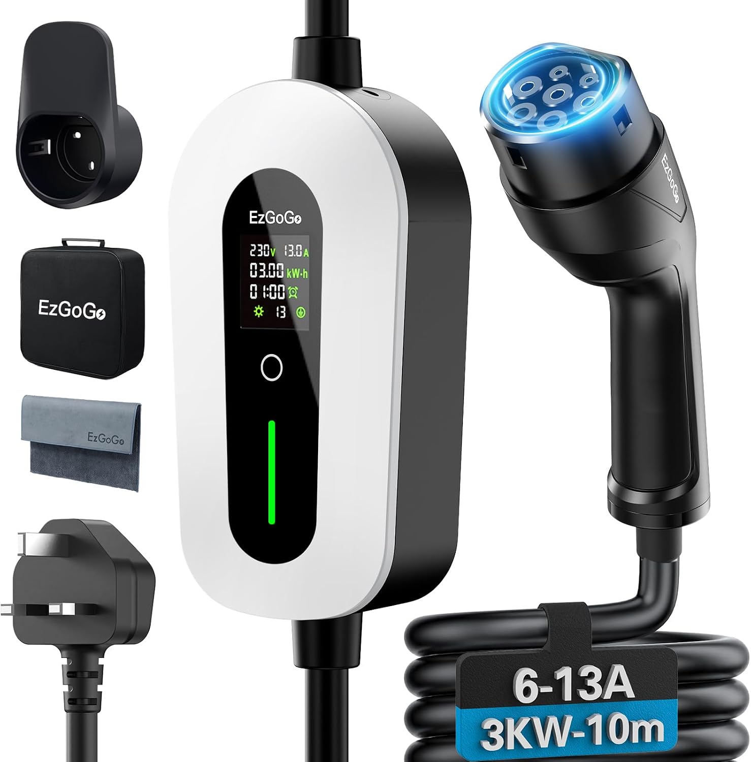 EzGoGo EV Charger Cable Type 2 to 3 Pin Plug 32.81Ft/10M Electric Car Charger 3kW, [6/8/10/13A] Type 2 Charging Cable 3 Pin IP65 Advanced Protection Suitable for EVs & PHEVs