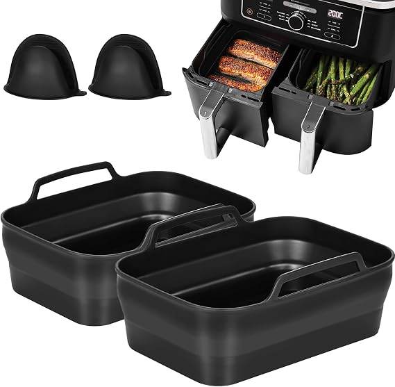 シリコーンエアフライヤーライナー 2個パック Ninja Air Fryer Dual用 再利用可能なシリコンエアフライヤーバスケット エアフライヤーアクセサリー エアフライヤーシリコンライナー Ninja DZ201 DZ401 8-10QT Foodi用