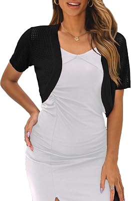 AAMILIFE Womens Short Sleeve Ligtweight Shrug Open Front Cardigan Hollow Out Sweater