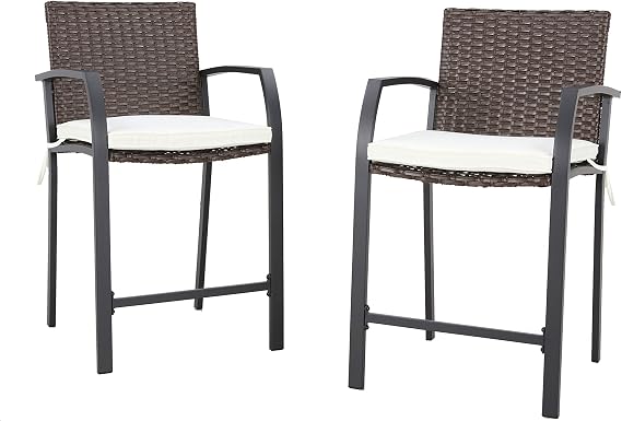 LOKATSE HOME 2 PCS Outdoor Patio Wicker Bar Stools with Seat and Back Cushions, for Backyard, Garden, Bistro, Deck, Poolside, Beige