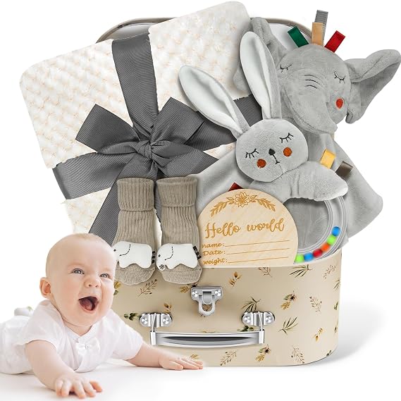 Baby Boy Gift Basket Set, Unique Baby Gift Basket Set | Unique, New Baby Gift Set, Baby Blanket, Baby Rattle, Bunny, Keepsake Milestone, Elephant Toy, Baby Socks