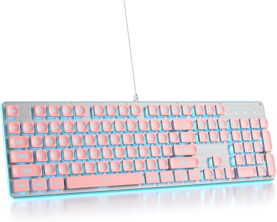 Typewriter Keyboard 104-key Pink Square Punk Gaming Keyboard LED Ice Blue Backlit Cute Keyboard with Wired USB Suitable for PC/Win/Mac/Laptop(G1000/Pink)