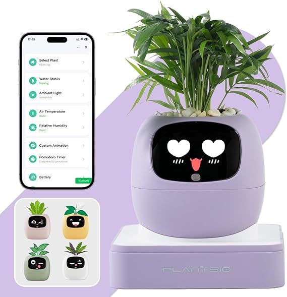 Smart Planter with App Control, Self-Watering AI Plant Pot with LCD Display, Desk Plant Flower Pot Companion for 50+ Plants Pet Planter with Pomodoro Timer,80ml Reservoir,Calendar (Purple)