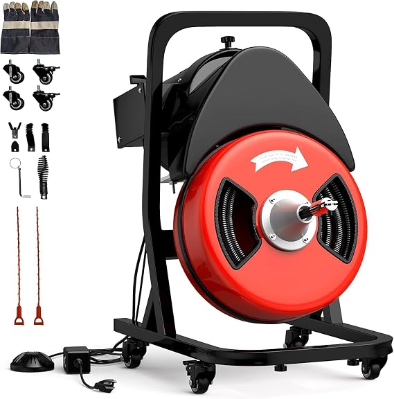 50FTx1/2 Inch Drain Cleaner Machine with Wheels, Electric Auto Drain Auger | Feed Electric Snake Drain for 2" to 4" Pipes, Plumbing Snake Auger Cleaner with 6 Cutter & Foot Switch for Sewer, Sink, Toile