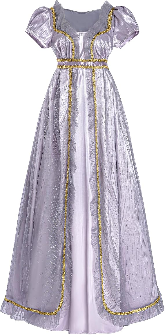 CR ROLECOS Regency Dresses Empire Waist Tea Party Victorian Gown | Champagne gold empire waist regency dress, double-layer tea party Victorian gown, elegant costume