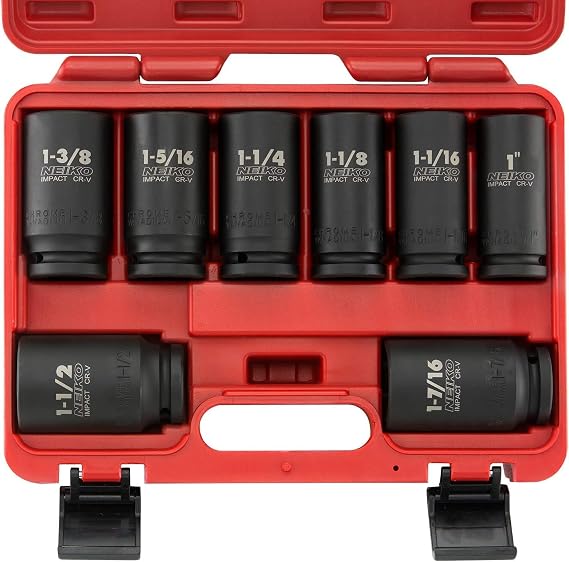 NEIKO 02461A 3/4 Inch Drive Impact Socket Set, SAE 1 to 1-1/2, 8 PC, Deep/Jumbo Sockets, Chrome Vanadium Cr-V