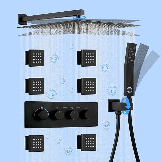 Rain Shower System with Body Jets, 16" Wall Mount Multi Shower Head System, Doozoler Thermostatic Shower System with Rain Shower and Handheld, Matte Black Full Body Shower Jets System In Wall