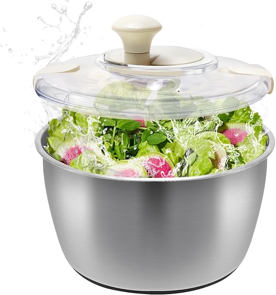 Salad Spinner Stainless Steel,Manual lettuce dryer With lid, basin, drain frame and non-slip base,lettuce spinner with Quick Spin,Spaghetti & Chip Strainer BPA Free,Easy Clean,5qt