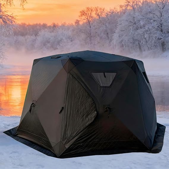 Pop Up Portable Ice Shanty, Pop-Up Ice Shack For Winter Fishing, Portable Ice Fishings Shelter, Durable And Weather Resistant, Convenient Firewood Heater Port, for Camping, Hiking, Fishing Black