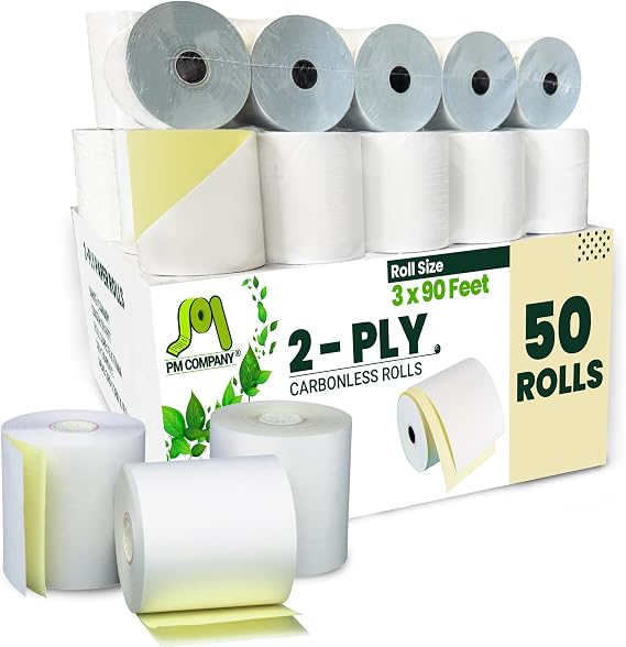 PM Company 2 Ply POS/Cash Register Rolls, 3 Inches X 90 Feet, White/Canary | 50 per Carton (07706) - Kitchen Printer Paper Compatible with Star SP700 Printer Paper, SP2000 480 220 250Ribbons Required