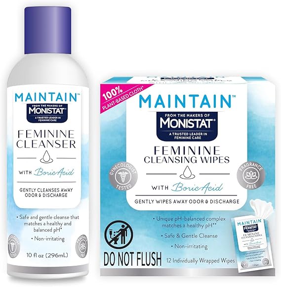 Monistat Boric Acid Feminine Cleanser, Fragrance Free Feminine Wash, 10 Fl Oz, 1 Pack Maintain Feminine Wipes with Boric Acid for Feminine Care, Fragrance Free, 12 Ct