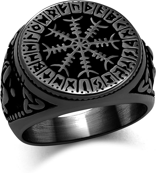 Nordic Battle Axe Ring Viking Vegvisir Pirate Compass Rings Stainless Steel/18K Gold Plated/Black Norse Symbol Vintage Jewelry for Men Women Send Gift Box
