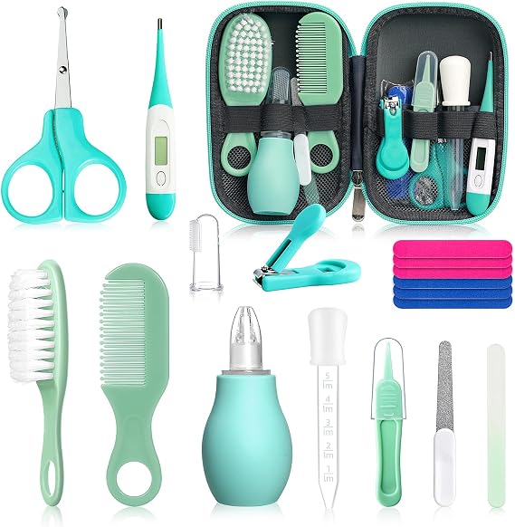 Qunlions life Baby Grooming Kit for Boys Girls Safety Newborn Nursery Essentials Grooming Set Gift for First-time Parents, Green 18 in 1