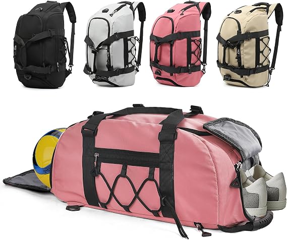 Womens Gym Bag, 30L Medium Size Sports Duffle Bag Backpack, Pink | with Ball Storage & Shoe Compartment & Wet Pocket & Yoga Mat Holder & Backpack Straps, Lightweight, Waterproof, Multi-Pocket