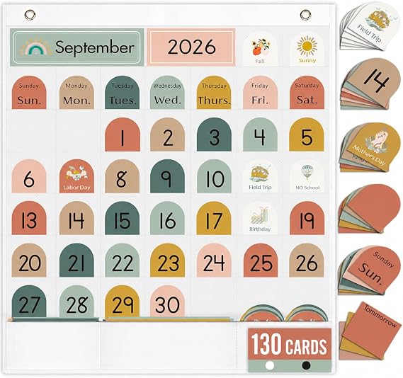 Classroom Monthly Calendar Pocket Chart for Kids Learning, 130 Cards Wall Boho Calendar and Weather, Teacher Supplies for Kindergarten Preschool Elementary Homeschool