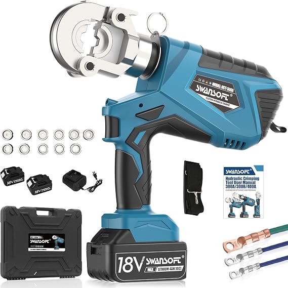 SWANSOFT Electric Hydraulic Crimping Tool, 6Ton 6AWG-600MCM Continuously Crimp Hydraulic Wire crimper for Cu/Al Terminal, Crimp 30000 Times Wire Cable Lug Crimping Tool Kit with 11 Dies (300A)