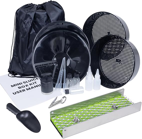 18pcs Mini Sluice Box Gold Panning Kit, Portable Aluminum Alloy Mining Equipment for Adults, Includes Gold Pan, Classifier Screen, Separating Magnet, Backpack & Accessories