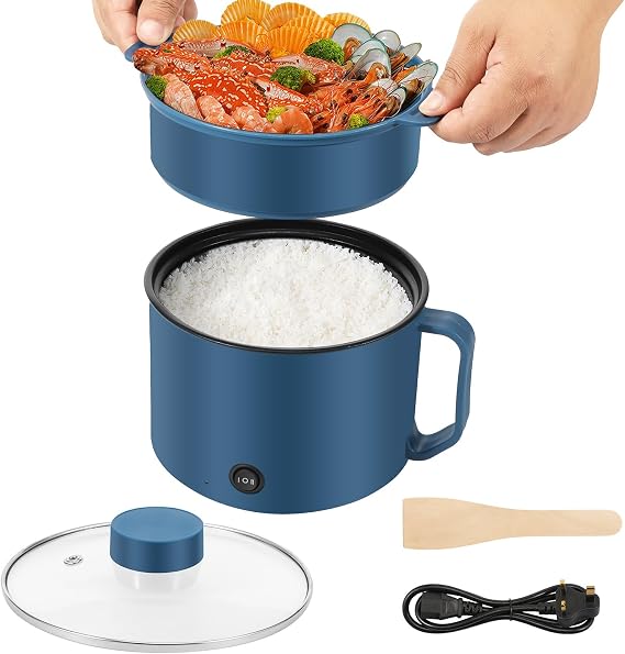 Electric Hot Pot with Steamer 1.8L/54oz Non Stick Ramen Cooker for Pasta Dumpling Soup Steak, Multipurpose Electric Skillet with Dual Power Control, Over-Heating & Boil Dry Protection(Blue)