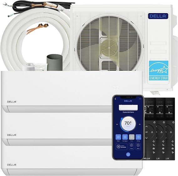 DELLA 27K BTU ODU 3 Zone (3 * 9K BTU) 24 SEER2 208-230V Cools Up to 1200 Sq.Ft, Energy Star, Works with Alexa and Wifi, Multi Zone Mini Split Air Conditioner Pre-Charged Heat Pump, 16ft Kits