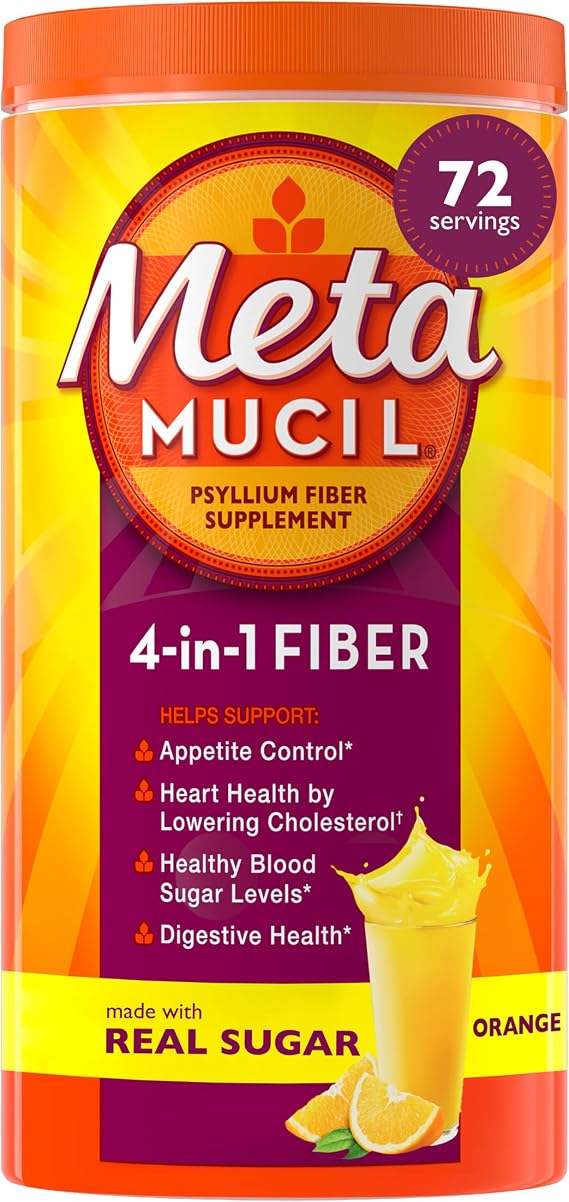 Metamucil, Daily Psyllium Husk Powder Supplement with Real Sugar, 4-in-1 Fiber for Digestive Health, Orange Smooth Flavored Drink, 72 Servings