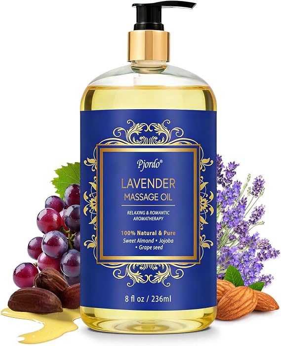 Pjordo Aromatherapy Lavender Massage Oil for Calming, Soothing & Relaxing, Natural Body Massage Oil for Massage Therapy with Jojoba & Sweet Almond, No Stain & Non-Sticky, Spa Gift for Her Him